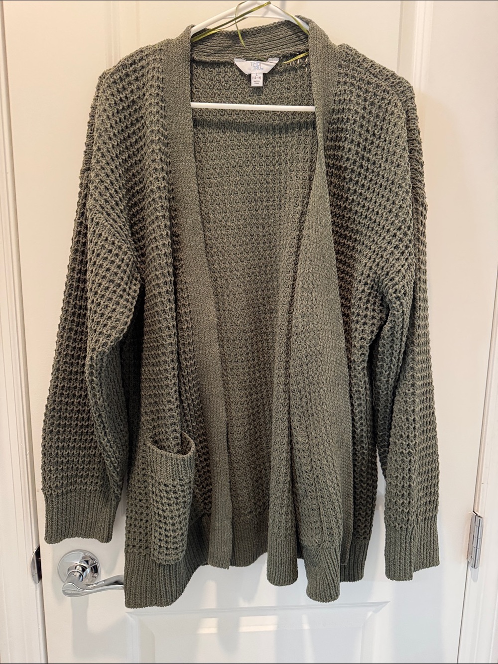 Time and Tru Olive Green Open-Front Waffle Knit Cardigan